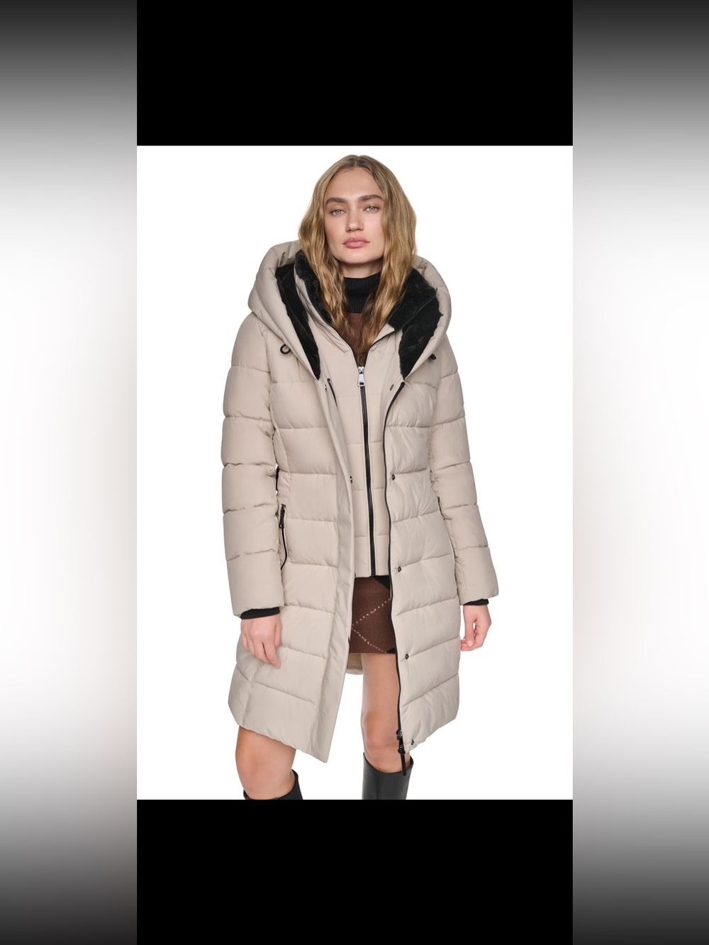 DKNY Water-Resistant Hooded Bib Long Puffer Coat XL